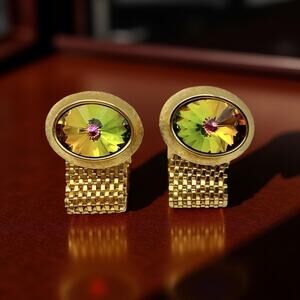 Vintage Watermelon Rivoli Crystal Wraparound Mesh Cufflinks Gold Tone
